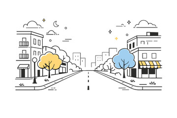 Naklejka premium Stillness in the city. A silent street framed by buildings and trees, with no visible activity and soft daylight filling the space. The