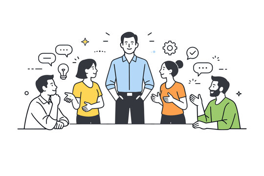 Leadership and management concepts with people. A team leader stands calmly at the center while team members gather around, listening and exchanging ideas.