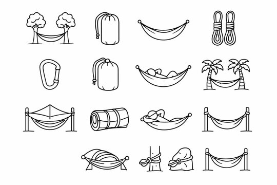 Travel Hammock. Line icon set of Travel Hammock: hammock between trees, packed travel hammock, lightweight hammock, hammock setup straps, hammock suspension