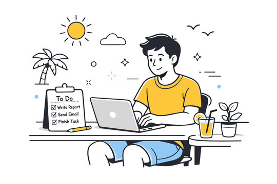 Summer deadline management. Individual working calmly on a laptop with a short task list nearby, relaxed posture. Focused progress without pressure in a warm