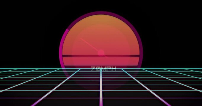 Loop starting, sun pulsing horizon while neon grid shimmering, text flickering, evoking retro glow