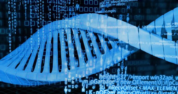 Blue helix entering left starting rotation, shifting and revealing code, visualizing data flow