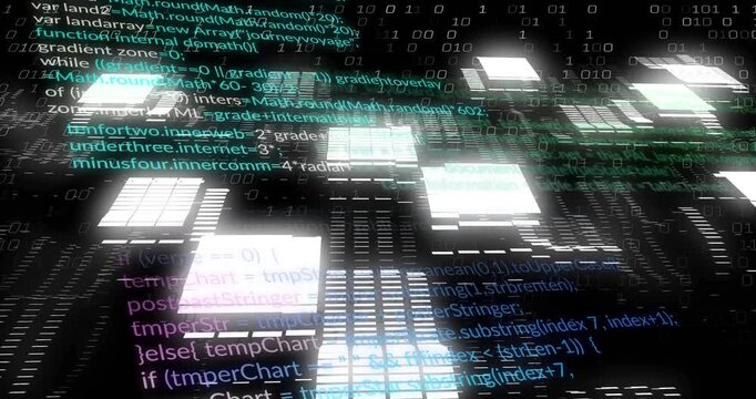 Tile grid moving forward, camera moving causing tiles growing and code streams glowing to show data