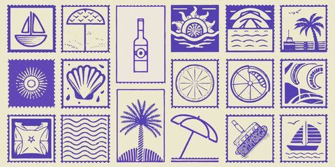 Collection of vintage style purple stamps featuring summer and travel motifs © AnupKumar