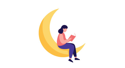 Fototapeta premium A serene woman with dark hair peacefully reads an open book while comfortably seated atop a large bright yellow crescent moon, Generative AI.