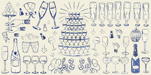 A celebratory sketch featuring champagne glasses bottles and a tiered tower © AnupKumar
