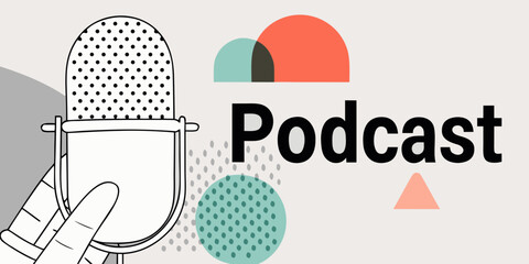 A vintage microphone illustration with the word podcast displayed prominently