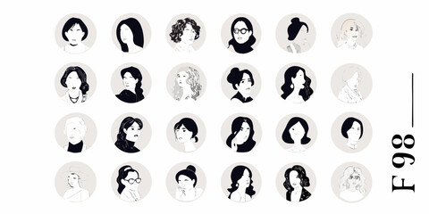 Collection of black and white portraits depicting diverse female hairstyles