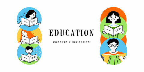 Fototapeta premium Illustration depicting students reading books within colorful circular frames