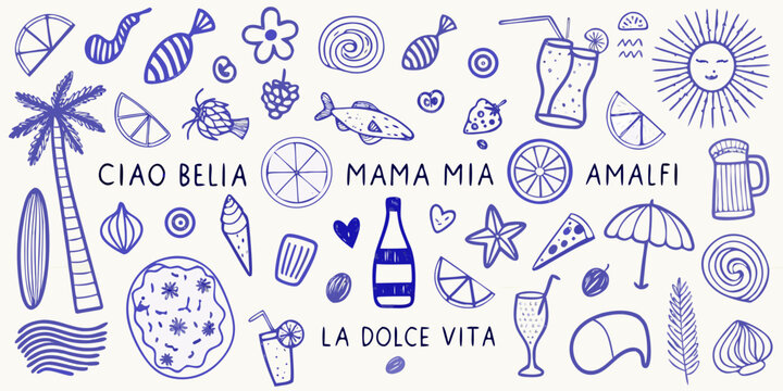 A colorful doodle collection featuring summer themes and italian phrases