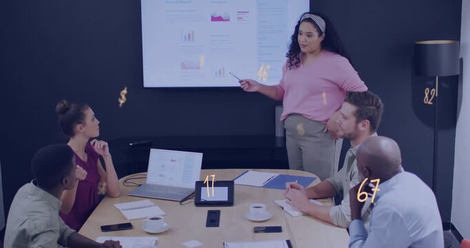 Tech lead in pink pointing at screen, showing charts, causing golden numerals drifting across table
