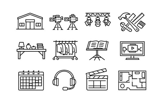 Sitcom Production. Line icon set of Sitcom Production: soundstage building, multi camera setup, lighting rig, set construction tools, prop