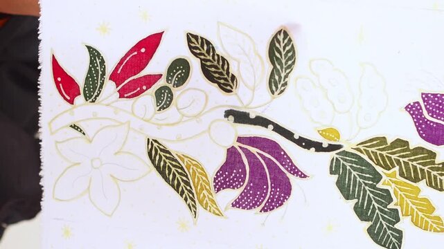 Indonesian batik artist hand painting traditional floral pattern