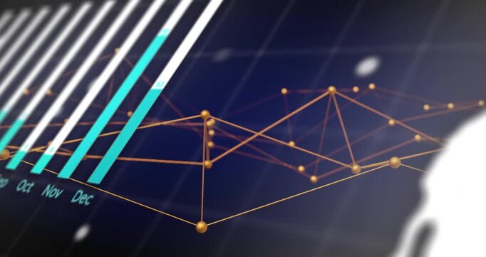 Camera panning right, node network shifting and forming meshes, visualizing monthly data and globe