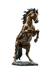 Naklejka premium Monumental bronze statue of a powerful, rearing stallion detailed with reflective polish and verdigris patina, isolated on a stark white background, radiating untamed power and classical elegance