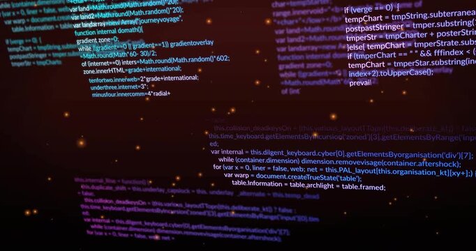 Camera pulling back code columns panning and sharpening as orange particles drifting revealing code