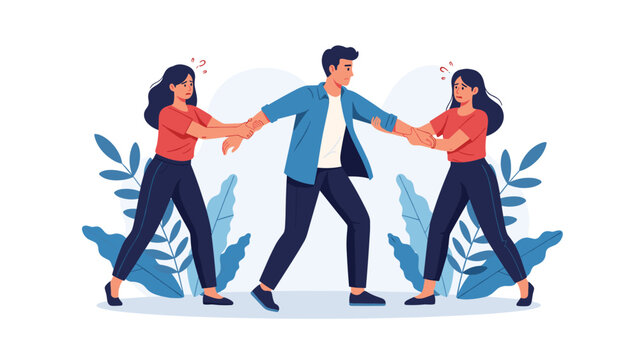Man caught in a conflict while two worried women pull his arms representing a difficult relationship or decision making struggle.