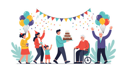 Fototapeta premium Family gathering to celebrate the birthday of an elderly man in a wheelchair with a large cake and colorful balloons.