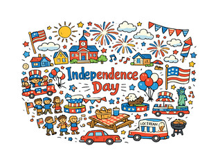 Fototapeta premium Independence Day celebration in small town. Hand-drawn doodle illustration of Independence