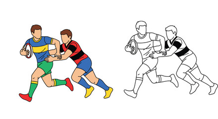 Rugby players in action, running and tackling. Vector illustration featuring both colored flat design and black and white line art drawing, perfect for sports coloring book pages. © MstTabassum