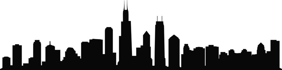 Obraz premium Black silhouette city skyline vector illustration with tall skyscrapers, urban architecture, metropolitan landmark towers, modern downtown buildings, silhouette art design