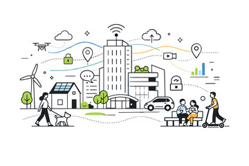 Smart cities and future technology. A clean urban scene with connected buildings, sensors, and data lines flowing between them. Calm everyday