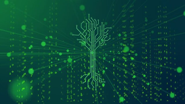 Falling binary streams causing circuit-tree forming, tree glowing, sending data rays, forming hub