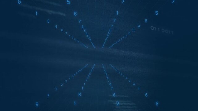 Radial numeric pattern pulsing outward on data pulse, scan bands shifting, visualizing tunnel flow