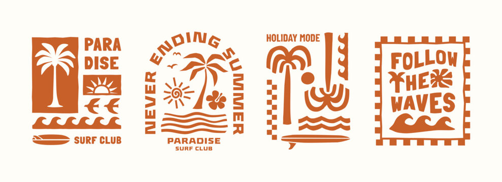 Retro surf and paradise vector set with palm trees, waves, sun and bold typography compositions. Tropical summer graphics ideal for t-shirts, posters and beach branding.