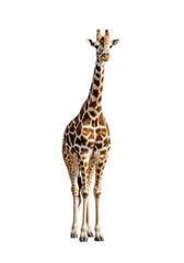 Obraz premium a full-body majestic reticulated giraffe stands still on a shadowless transparent studio backdrop, showcasing its angular patch coat, defining the concept of iconic african majesty