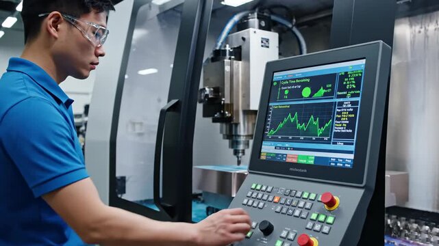 Technician monitors CNC machine operations on a digital control panel