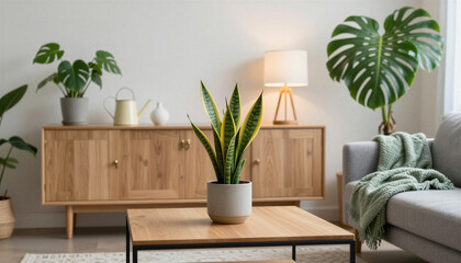 Fototapeta premium A cozy living room decorated in Scandinavian style, featuring monstera and sansevieria plants. The main colors are natural wood, white, and green. The room feels bright and spacious.