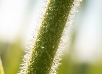 Obraz premium Close up of a vibrant green plant stem covered in tiny water droplets illuminated by soft sunlight highlighting its fuzzy texture