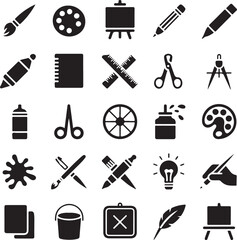 Obraz premium black and white icons of art supplies and tools on white background