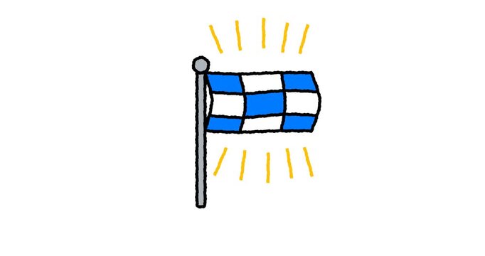 Hand drawn animated checkered racing flag waving with blue squares and yellow rays. Success, finish line and goal achievement doodle sketch. 4K loop, isolated.