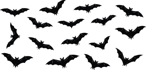 Black bat silhouette vector illustration collection, flying nocturnal animal set isolated on white background, spooky halloween wildlife nature element for design. © Nowshad