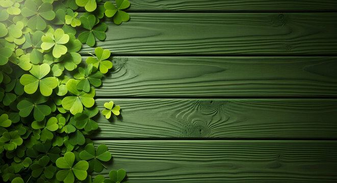 St patrick's day shamrocks on green wooden background celebrating irish heritage and luck