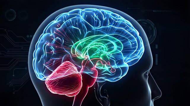 Human brain anatomy glowing blue cortex green limbic system red cerebellum inside head profile. Neurology science artificial intelligence technology