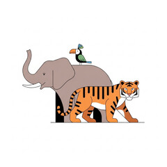 Minimalistic Wildlife Vector Illustration, Elephant, Tiger, and Bird, Flat Design, Modern Friendly Style