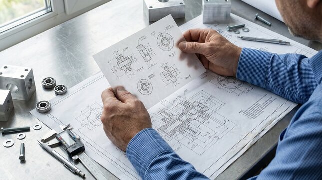 Mechanical Engineer Reviewing Technical Drawings and Bearing Components in Workshop