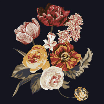 Dark academia floral print for graphic design. Natural flower art.
Print template. Vector fabric print. Modern vector illustration.
Trendy vector floral print.