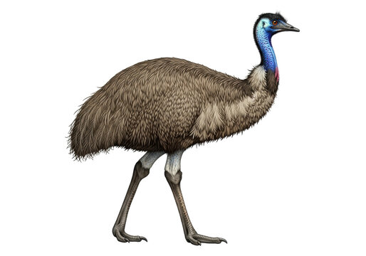hyperrealistic zoological illustration of an emu, side profile, dense brown feathers, vibrant blue mottled neck skin, powerful gray legs mid-stride on white, educational scientific study