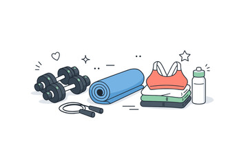 Fitness equipment and activewear. A clean home workout corner with dumbbells, yoga mat, and neatly folded activewear. The scene shows