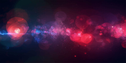 An abstract colorful lights background features a glowing purple and red plasma wave with shiny bright stars and energy blurs across a dark night sky space design