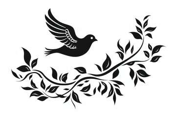 Obraz premium Dove with branch leaves pattern drawing white.