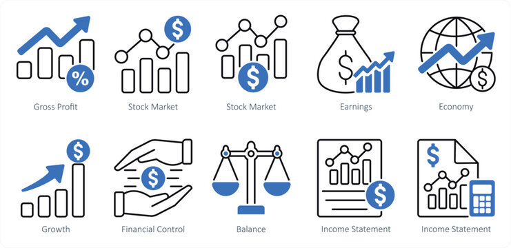  set of banking icons as earnings economy gross profit