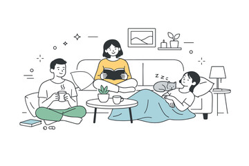 Low-energy socializing. A calm home scene with people sharing space quietly, phones set aside, soft atmosphere. Restful social time and