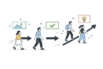 Fototapeta premium Invisible authority. Characters following directional arrows and frames that hover gently in the air, with no visible leader present. The illustration conveys