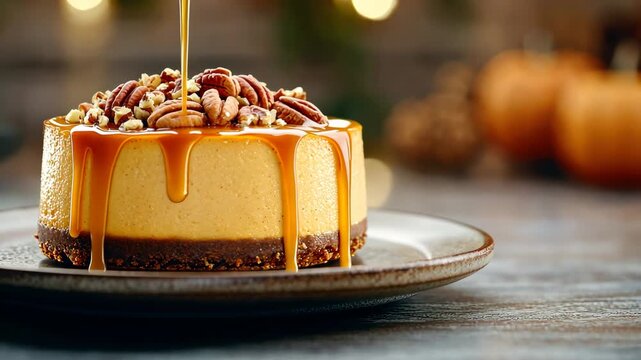 Decadent cheesecake drizzled with caramel and topped with pecans on autumn table
