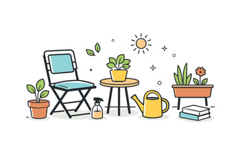 Fototapeta premium Balcony tidying rituals. Several small balcony elements arranged neatly: chair, plants, watering can, open space. The composition highlights routine, care, and